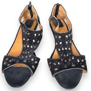 Clarks Thimble Clover Black Suede Back Zipper Open Wedge Women Sz 8M US/39 31883